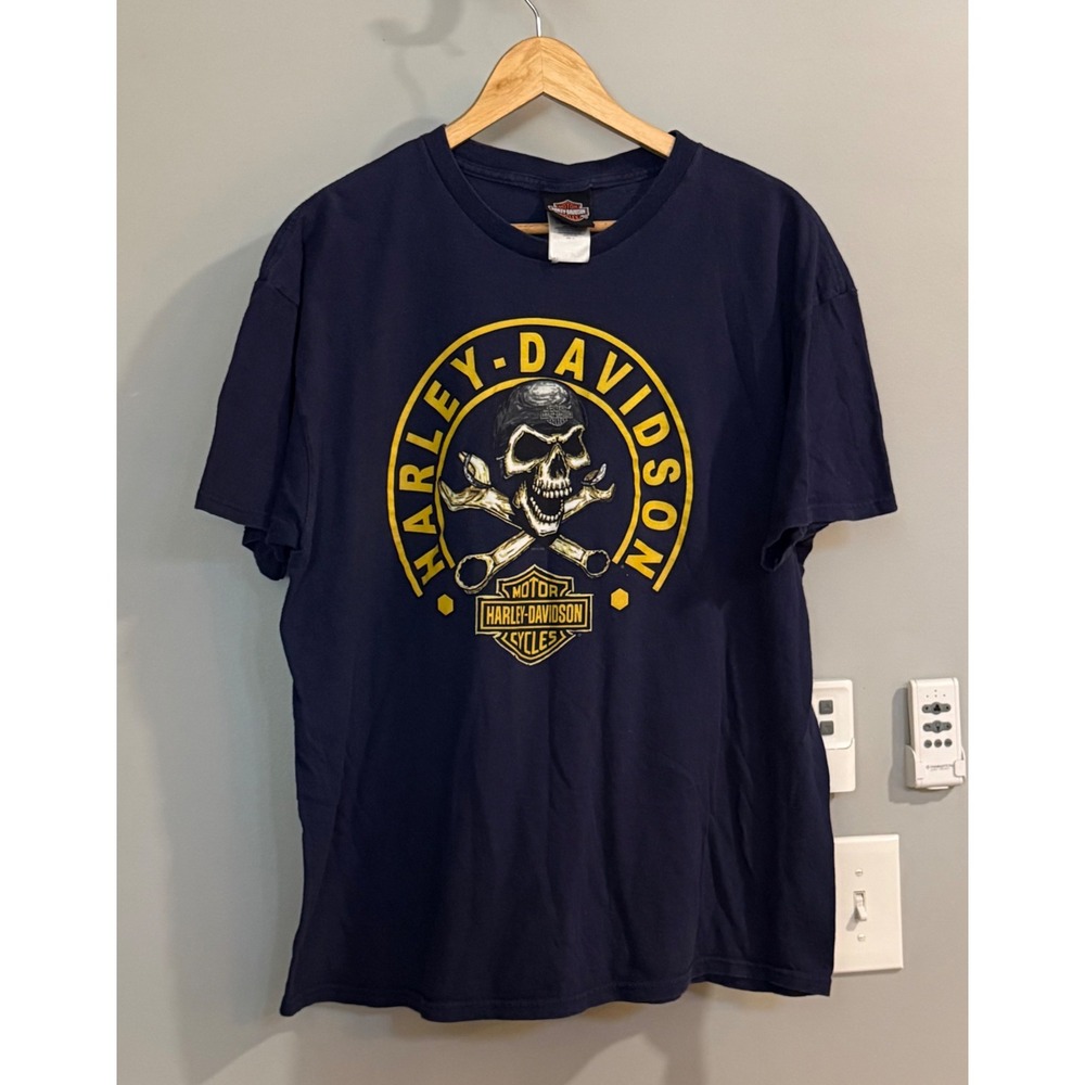 Harley Davidson T Shirt Navy Blue Skull Graphic Tee USA made XL